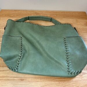 Sage Green Faux Leather Whipstitch Tote‎ Shoulder Bag Boho Hobo Purse Slouchy